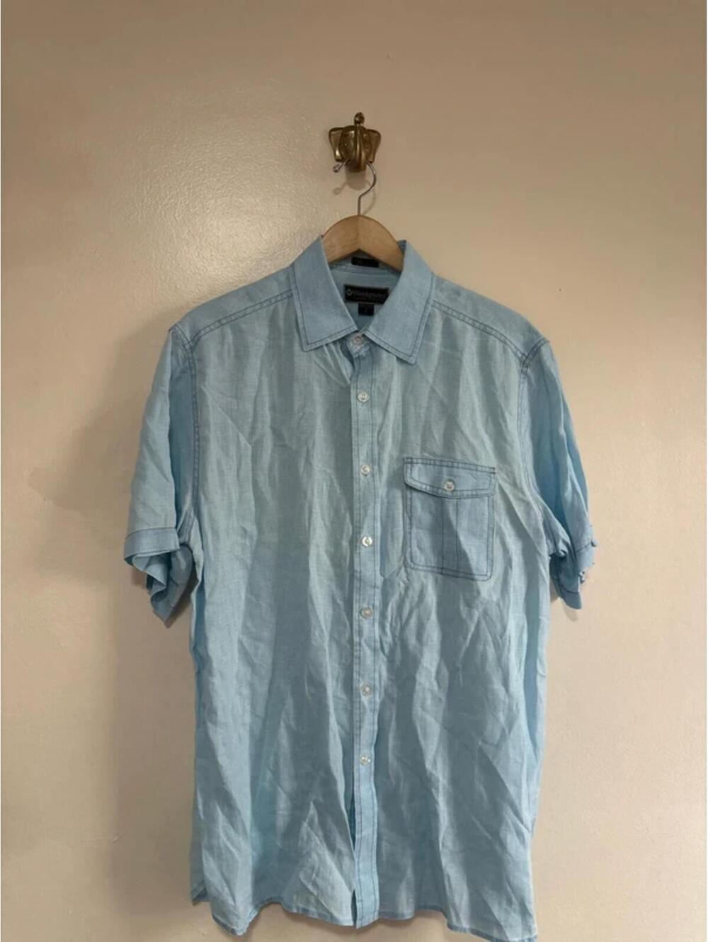 Weekender‎ 100% Linen size L, Light Blue Short Sleeve Shirt